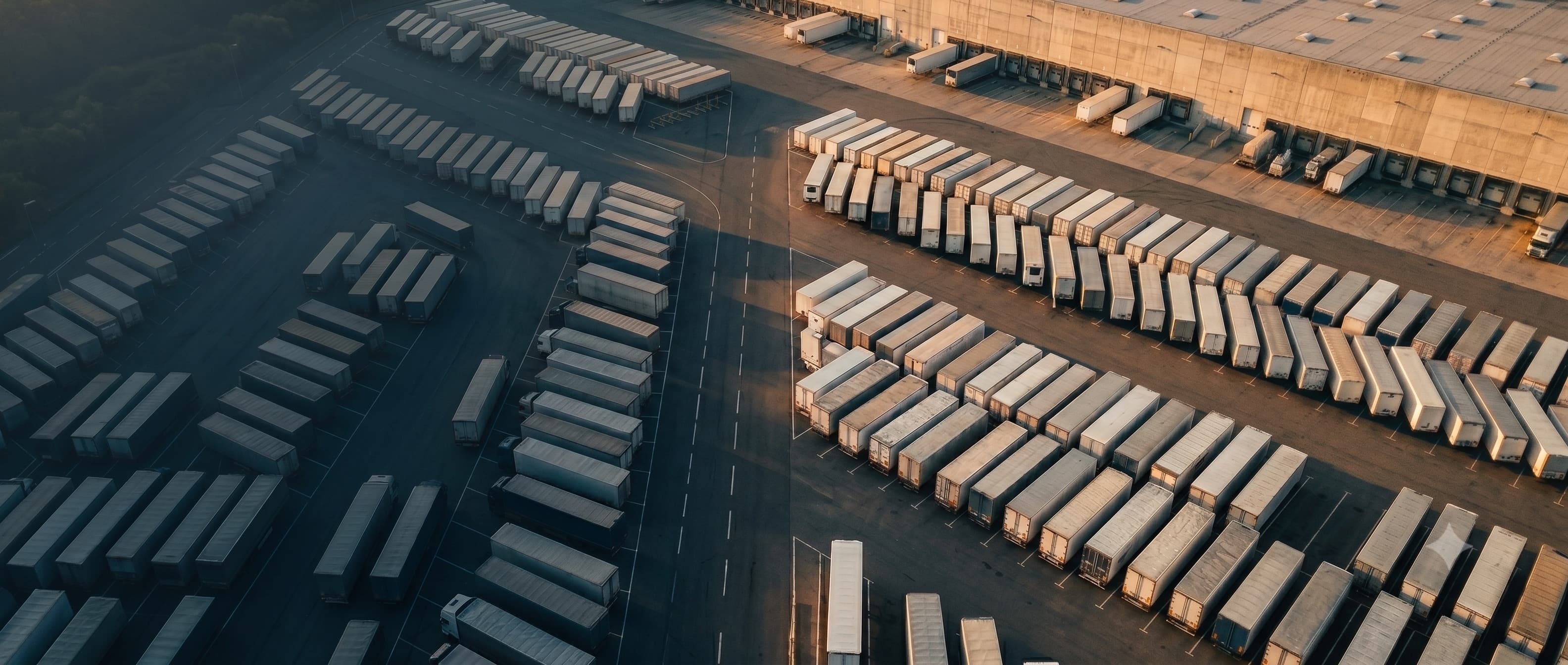 Aerial view of a logistics distribution yard at golden hour
